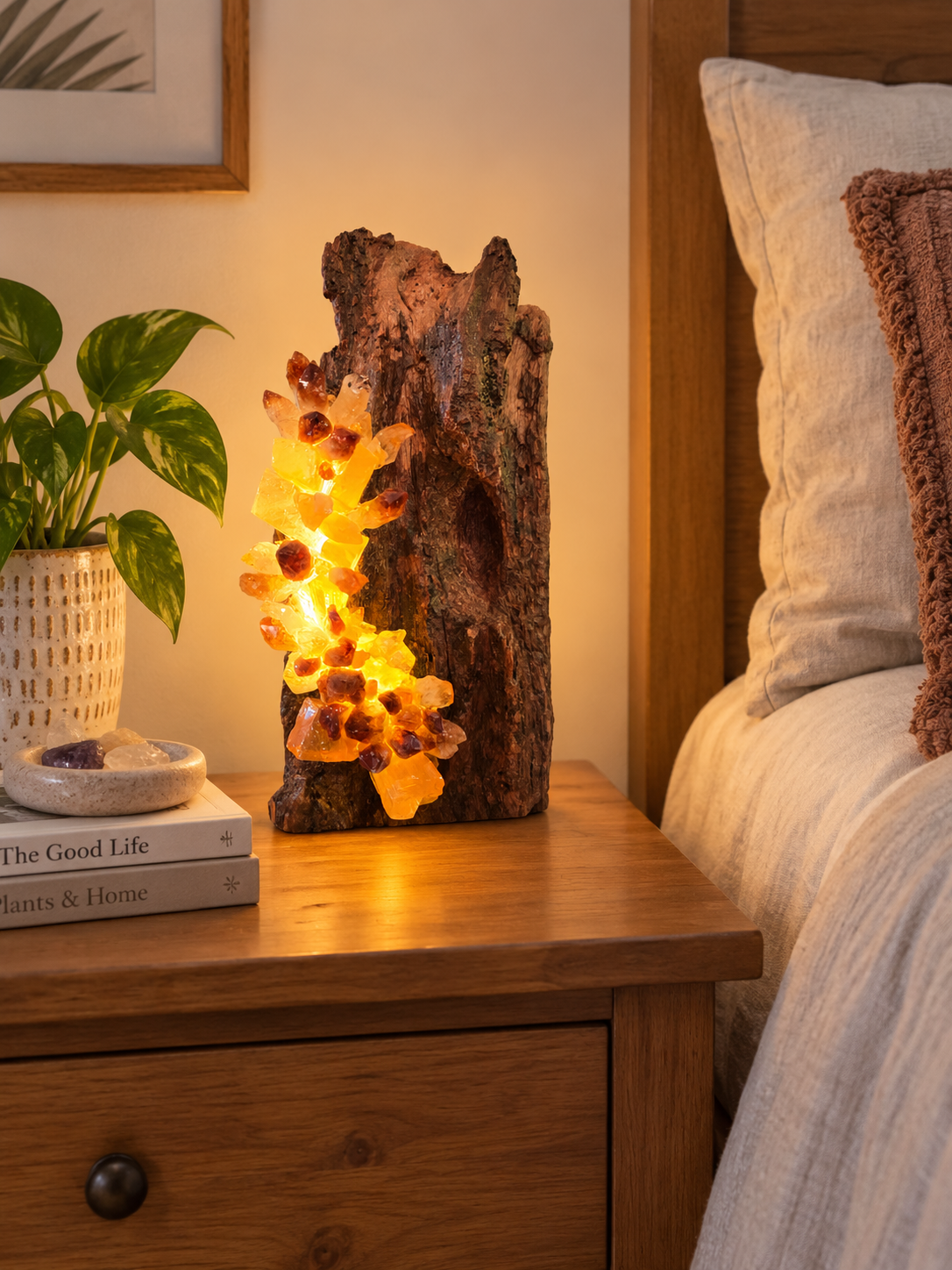 Juniper Crystal Lamp with natural wood and Honey Calcite crystal lighting and dimmer switch