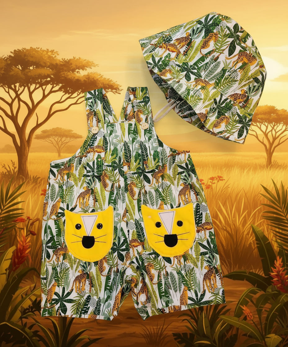 kids jungle print jumpsuit with african sacanah background