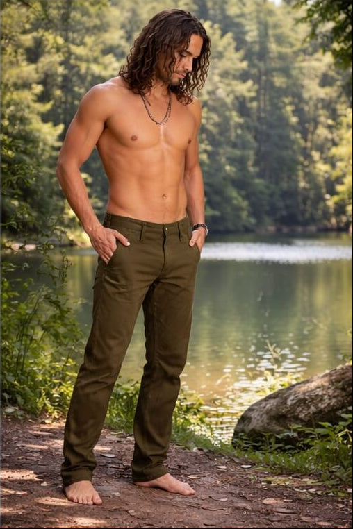 Man standing shirtless by a lake with trees in the background