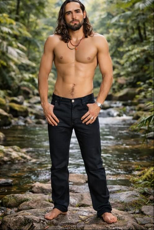 Man standing shirtless in a natural setting with a stream and greenery.