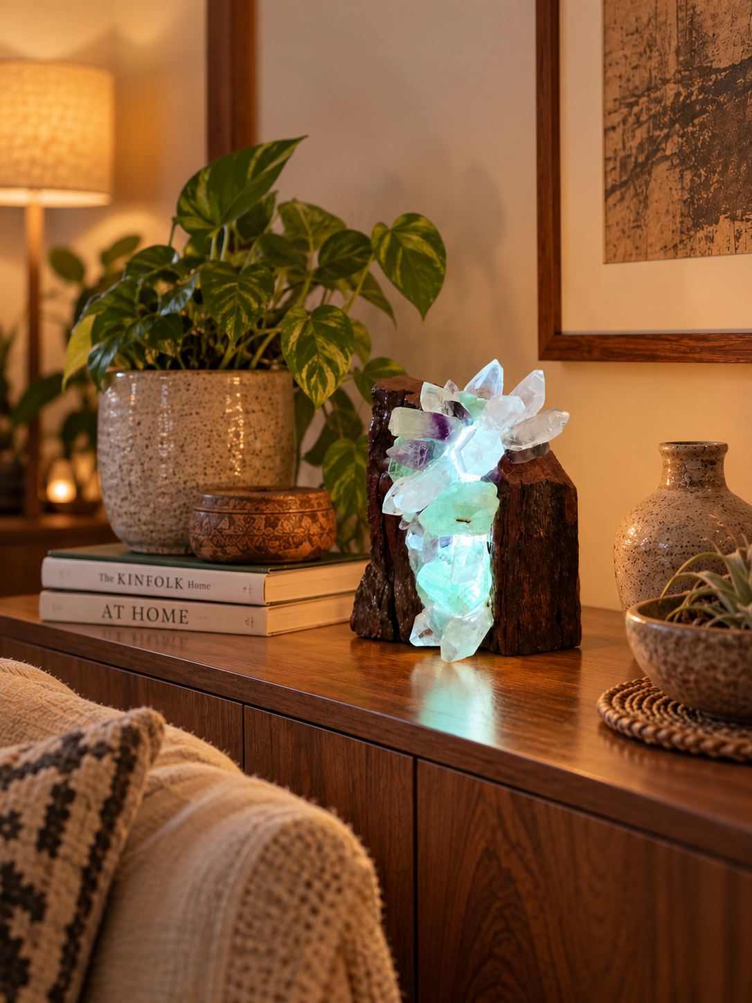 Lalita Crystal Lamp with Flourite and Clear Quartz crystals for decorative home lighting