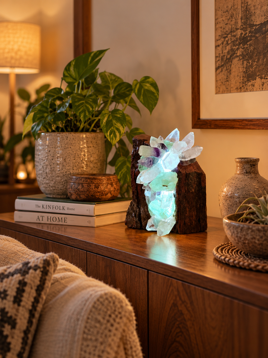 Lalita Crystal Lamp with Flourite and Clear Quartz crystals for decorative home lighting