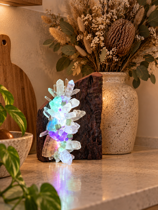 Leila Crystal Lamp with Flourite and Clear Quartz crystals and dimmer switch