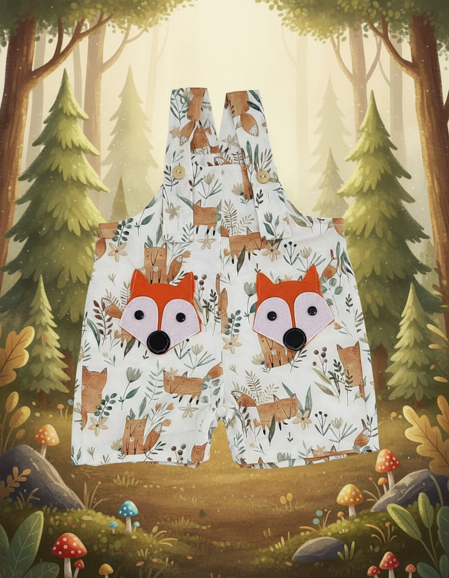 kids fox print jumpsuit with a whimsical forest background