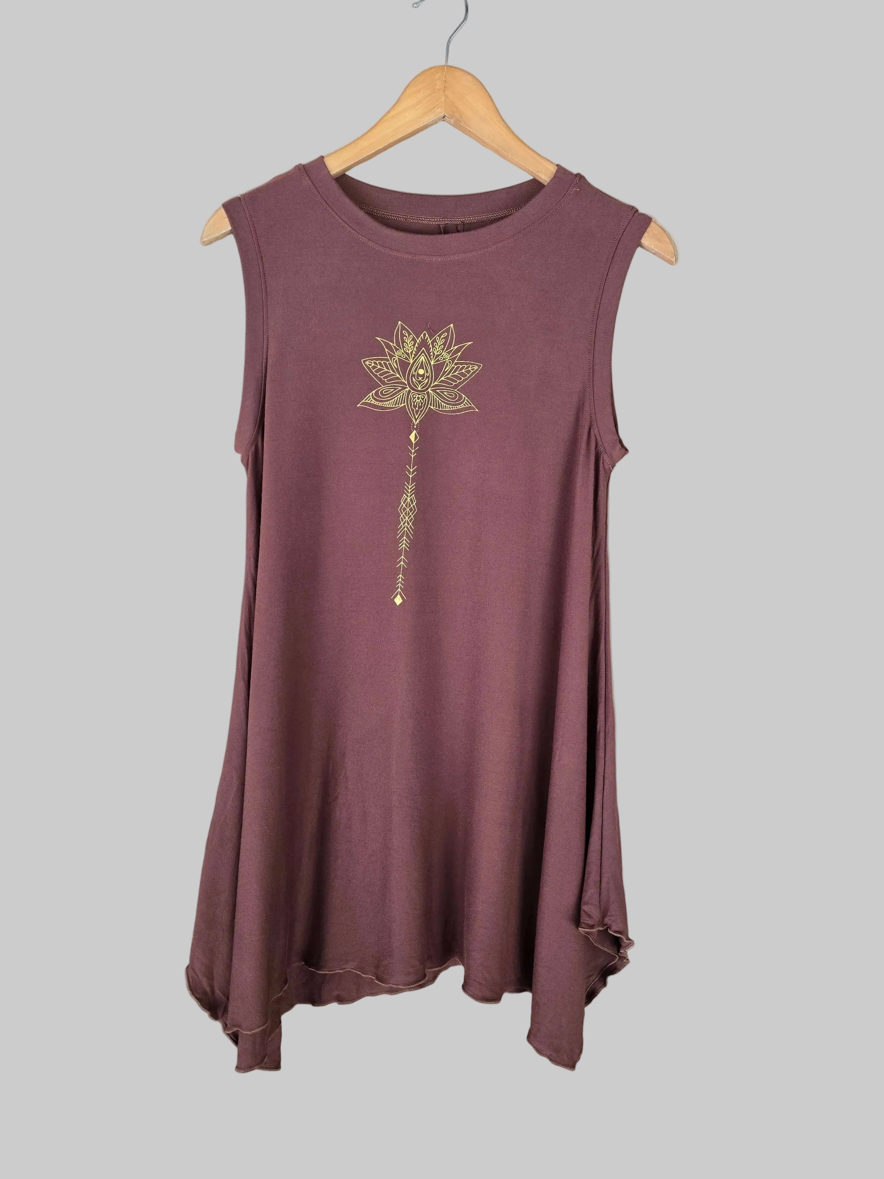 brown sleeveless top with gold lotus design on a hanger against a gray background