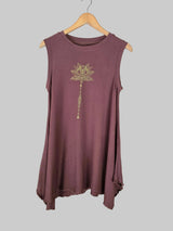 brown sleeveless top with gold lotus design on a hanger against a gray background