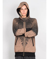 Person wearing a brown and black patterned hoodie on a white background