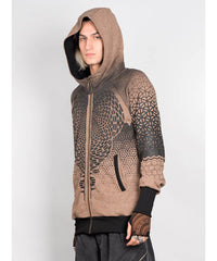 Person wearing a brown and black patterned hoodie on a white background