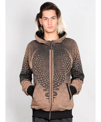 Person wearing a brown and black patterned hoodie on a white background