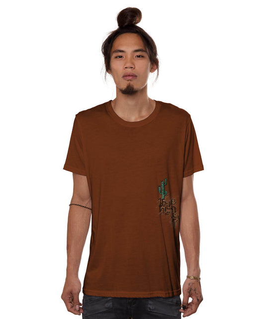 Man wearing a brown t-shirt with a graphic design on a white background