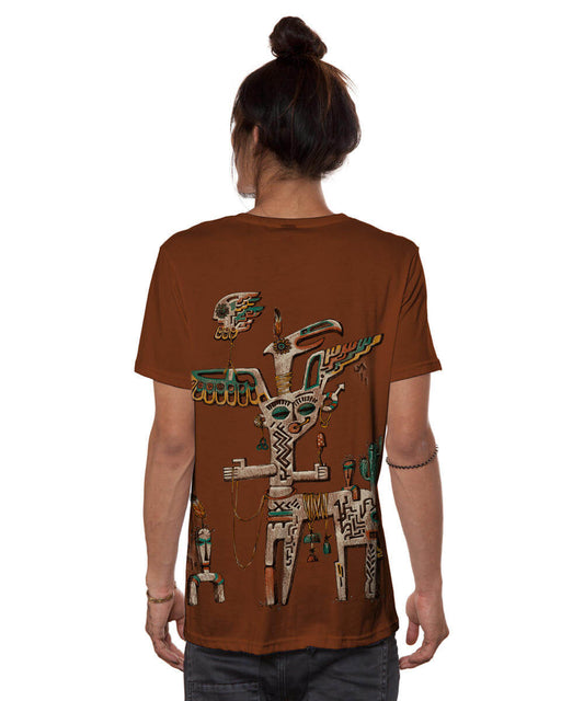 Person wearing a brown t-shirt with a graphic design on the back