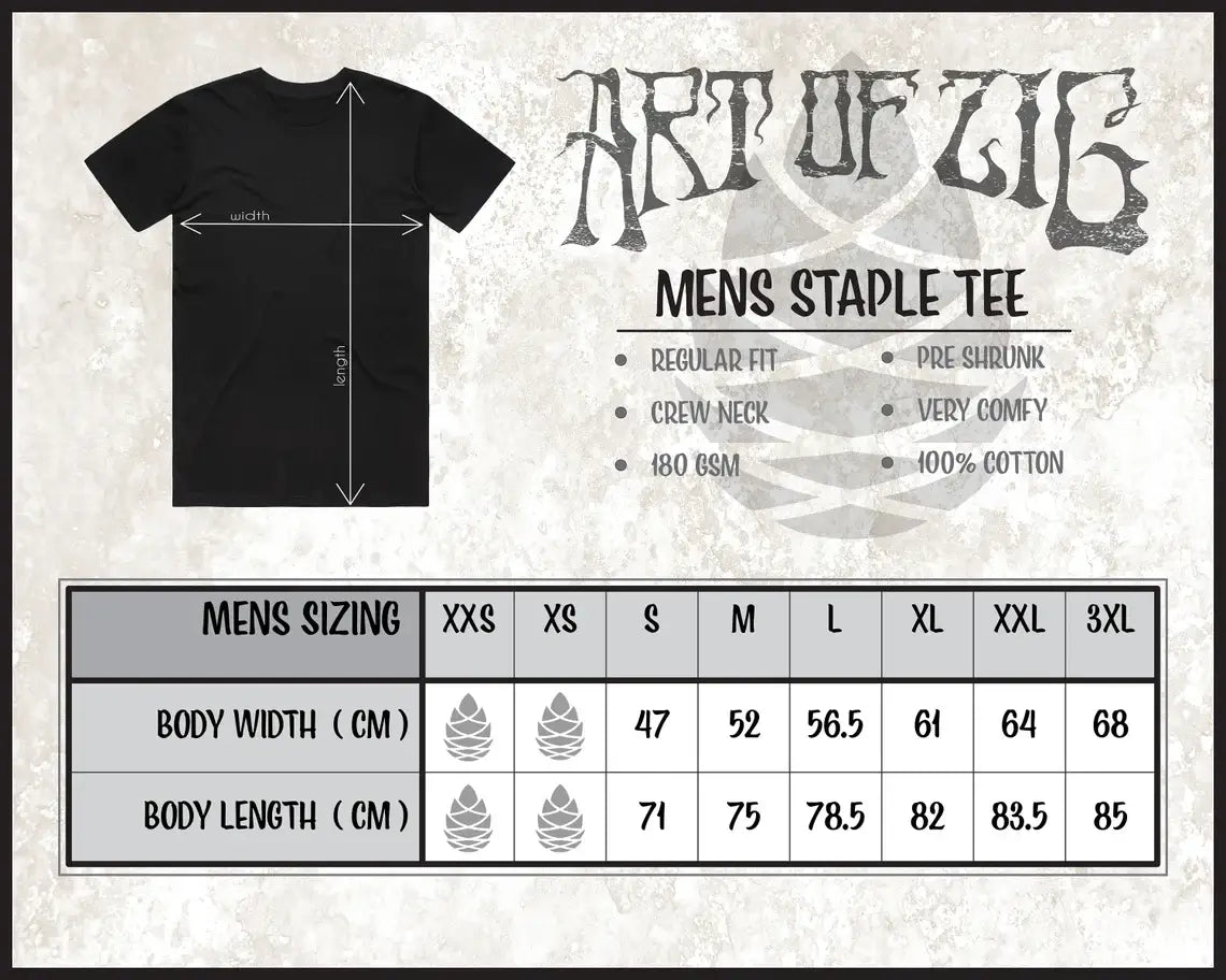 Black t-shirt with 'Art of Zig' branding and sizing chart on a textured background