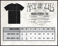Black t-shirt with 'Art of Zig' branding and sizing chart on a textured background