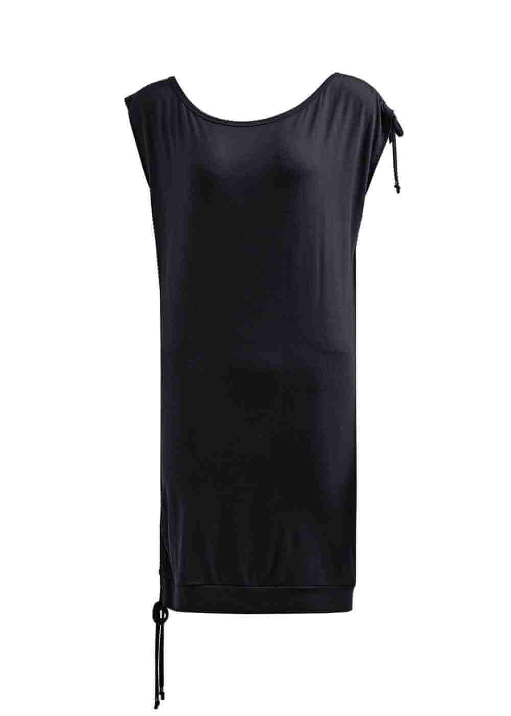 Black sleeveless dress with bow details on a white background