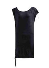 Black sleeveless dress with bow details on a white background