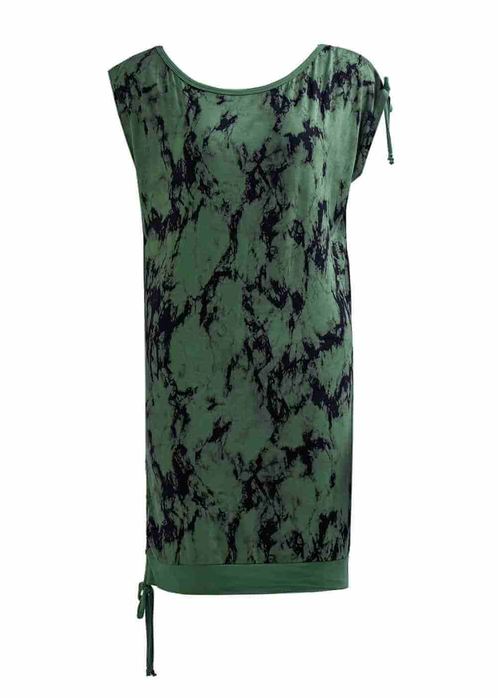 Green sleeveless dress with black abstract pattern on a white background