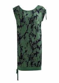 Green sleeveless dress with black abstract pattern on a white background