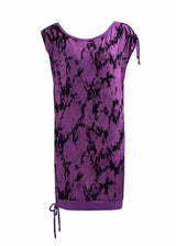 Purple sleeveless dress with black abstract pattern on a white background