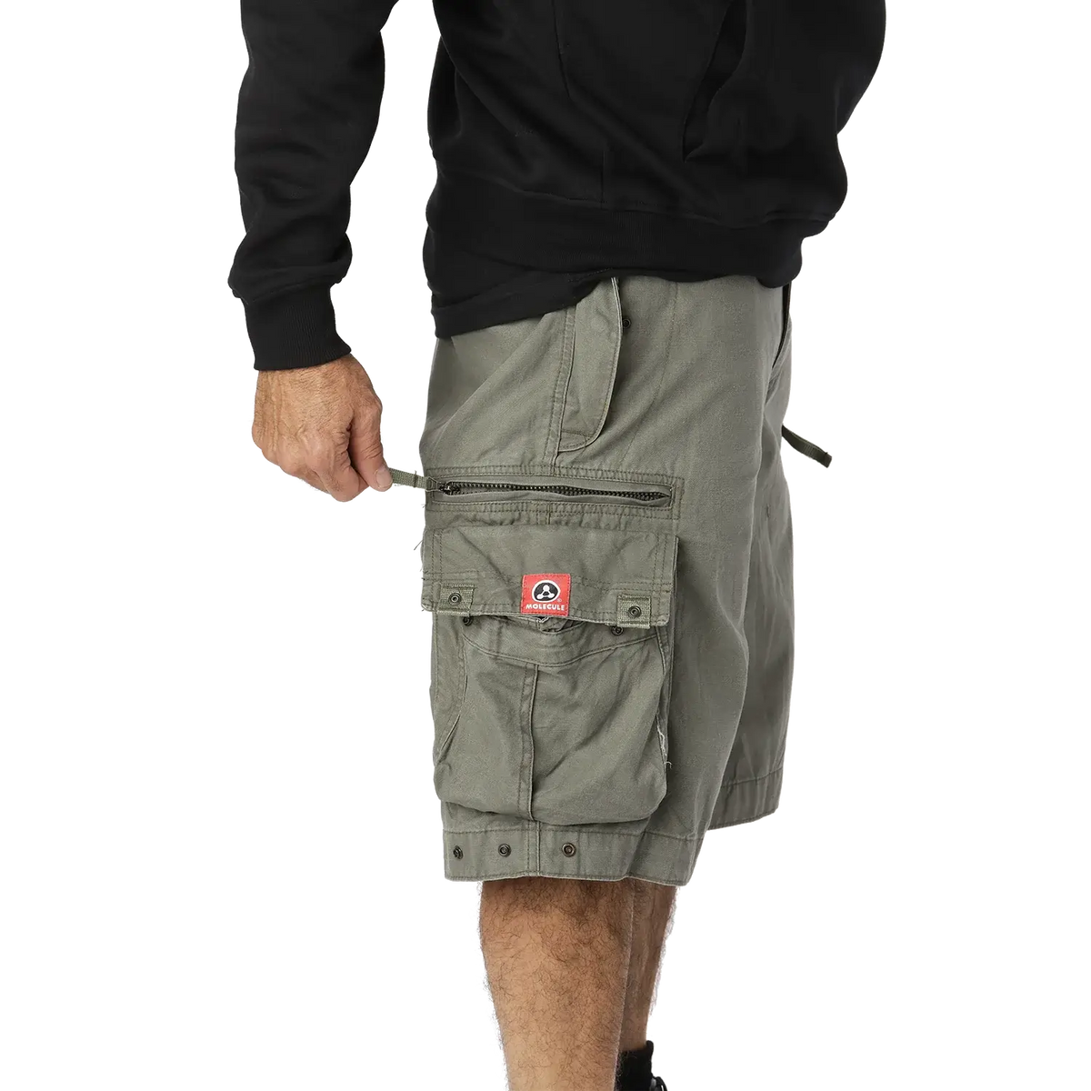 Molecule 45020 Cargo Shorts in woodland with oversized cargo pockets and a loose baggy fit.