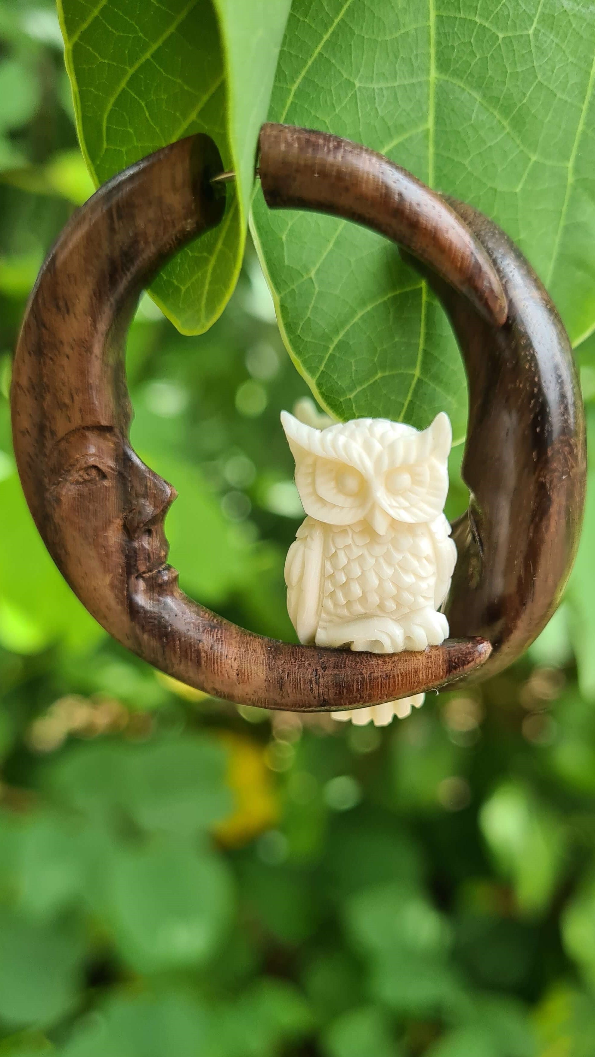 owl on the moon bone and wood carved earrings