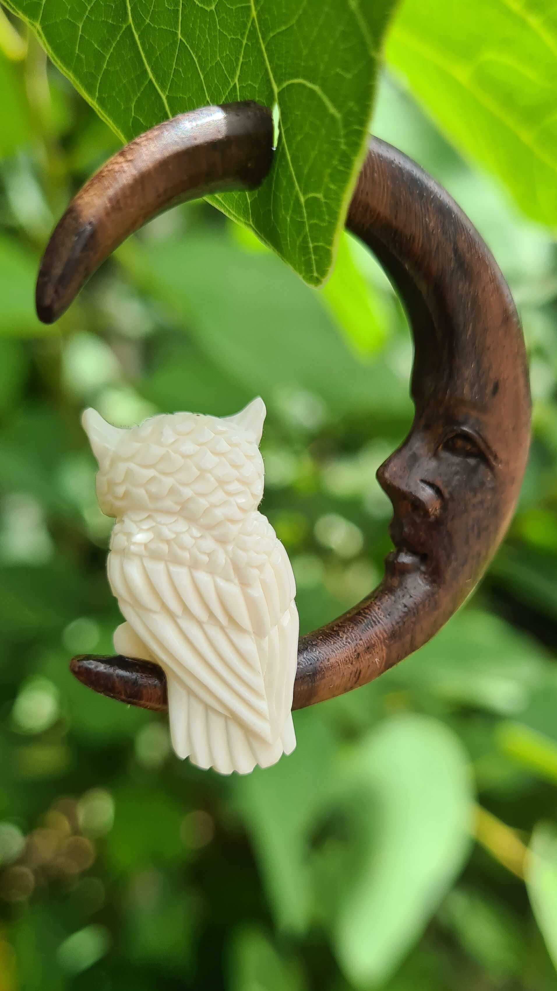 owl on the moon bone and wood carved earrings