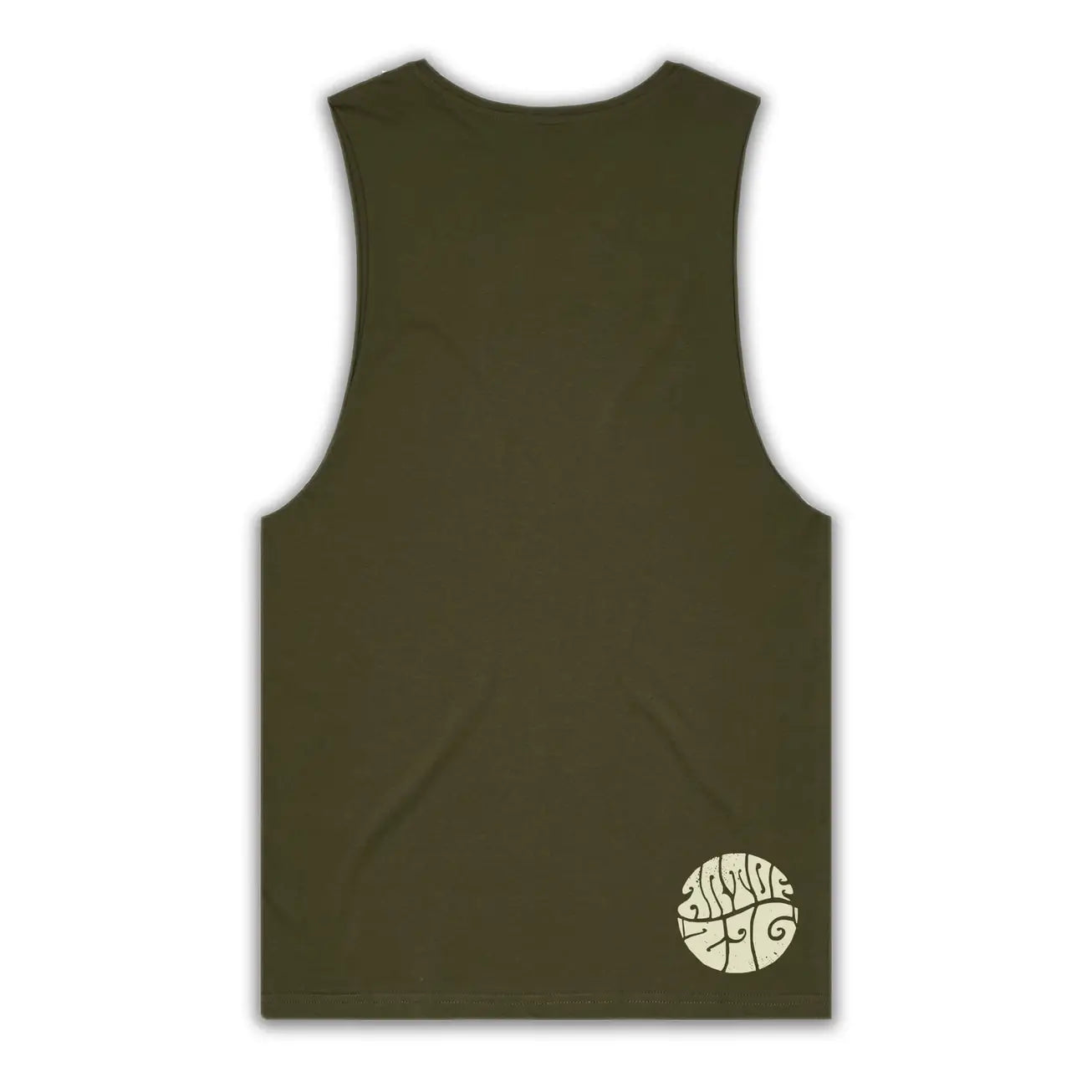 Green tank top with a logo on the back against a white background