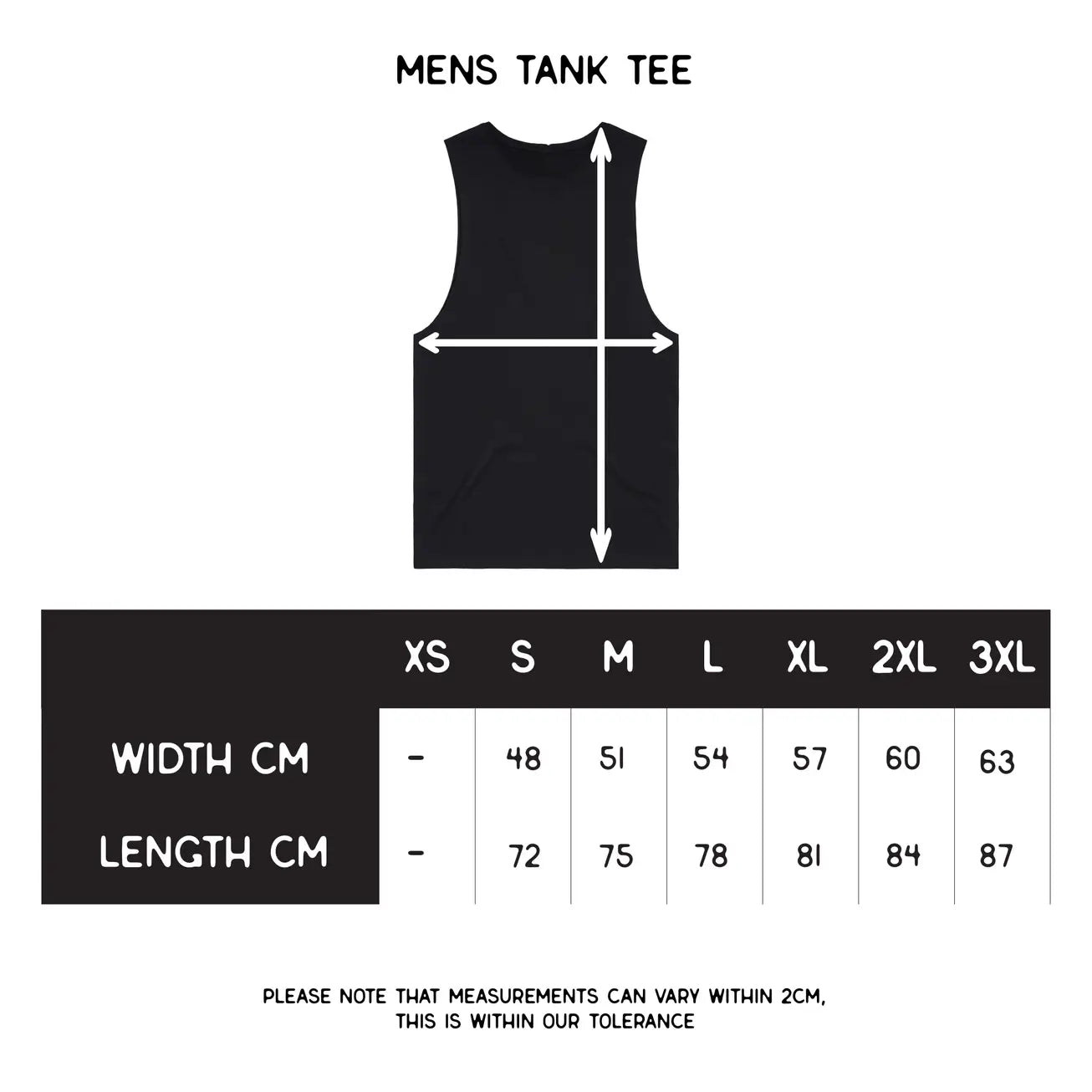 Measurement chart for men's tank tees with size chart and dimensions.