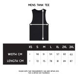 Measurement chart for men's tank tees with size chart and dimensions.