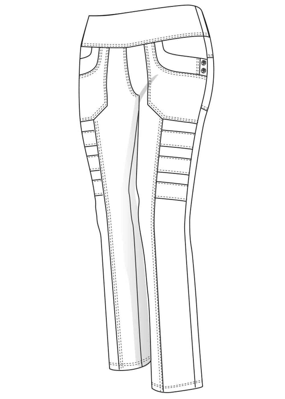 Technical drawing of a pair of pants with stitching details on a white background