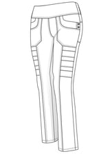 Technical drawing of a pair of pants with stitching details on a white background