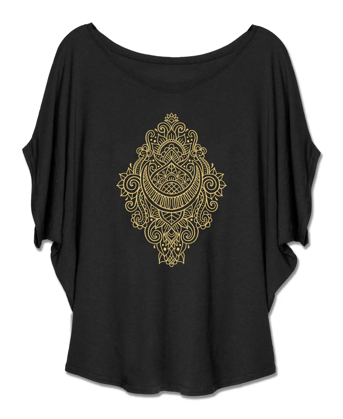 Black shirt with gold intricate design on a white background
