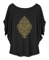 Black shirt with gold intricate design on a white background