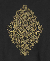 Decorative gold mandala design on a black background