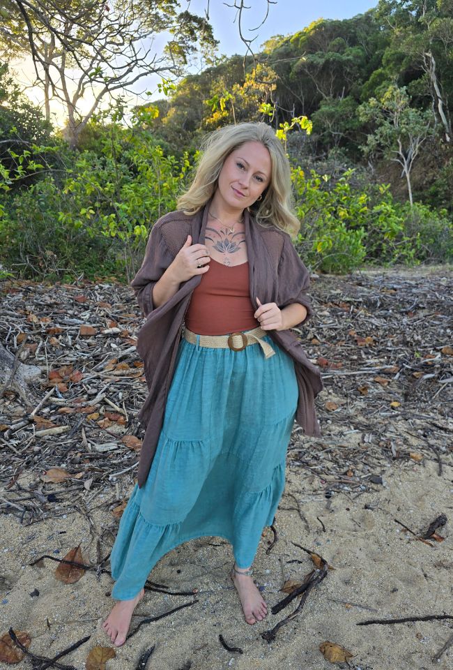 Mystic Moon Duster Cardigan in brown made with cotton and linen and designed a relaxed open-front