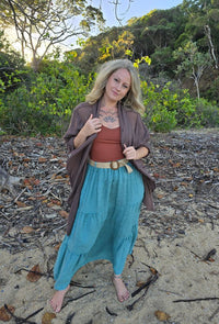 Mystic Moon Duster Cardigan in brown made with cotton and linen and designed a relaxed open-front
