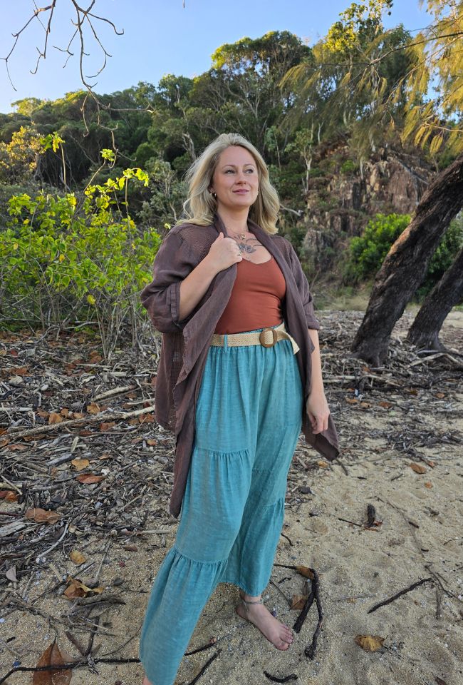 Brown Mystic Moon Duster Cardigan styled as a lightweight linen layering piece.