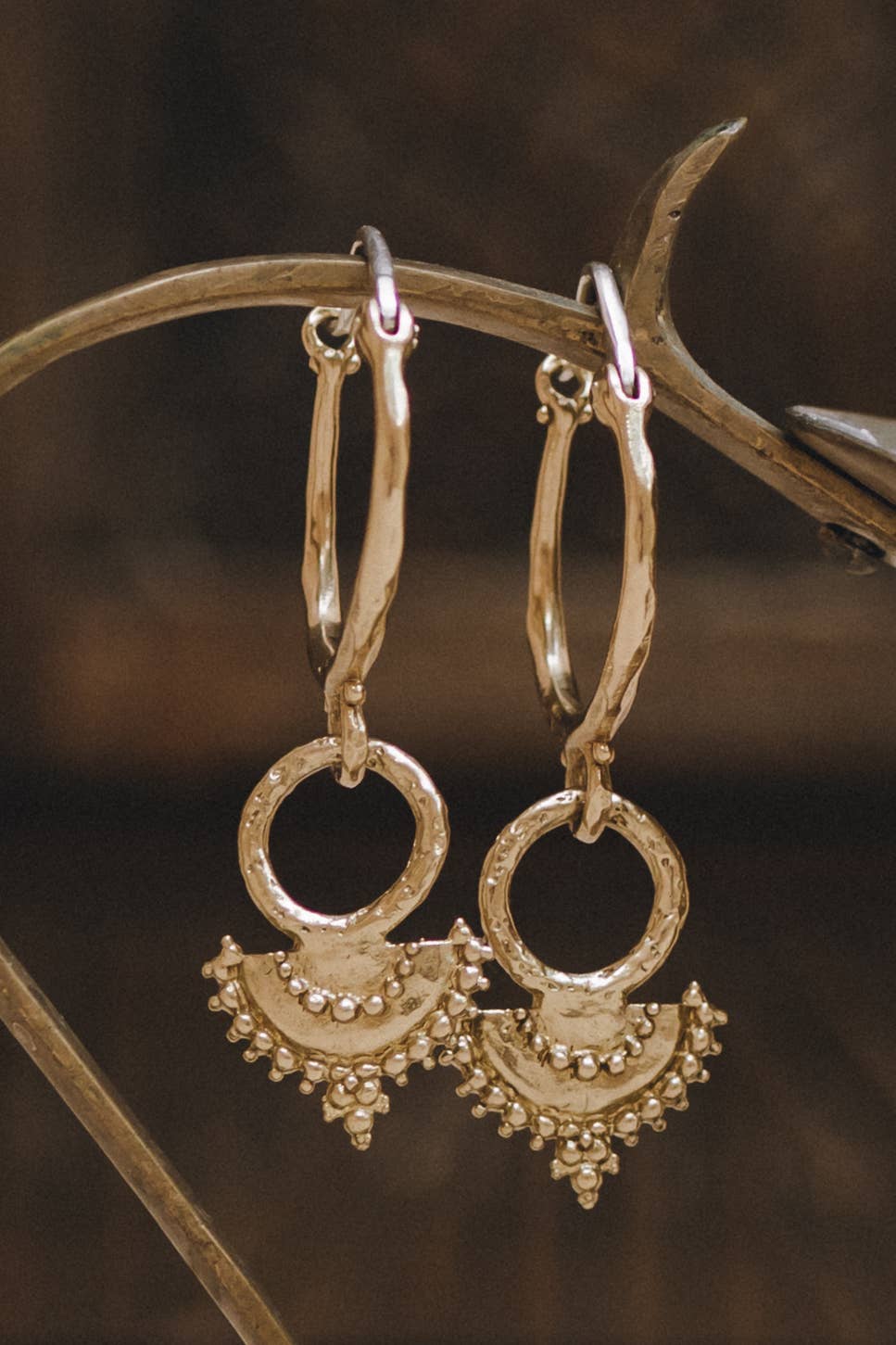 Naiyu Hoops brass earrings with textured charm detailing inspired by South Indian jewellery