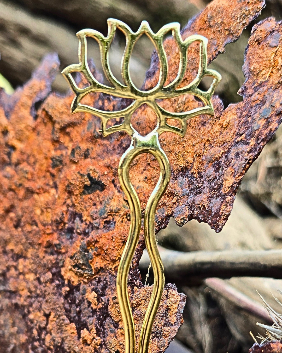 lotus fower large brass hair pin tantrika jewellery australia sustainable fashion