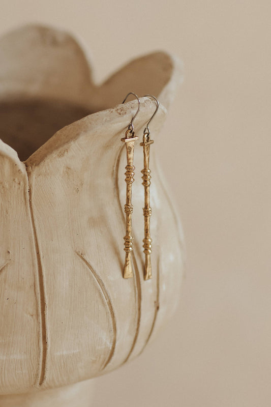 Nia Earrings - Brass pair of long textured drop earrings with ornamental detailing
