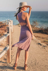 Rose Nomads Lumina midi dress with back cutout, side slits and figure-skimming fit