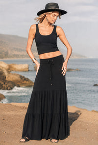 Nomads Solana Skirt Peony in Black with wide ruched waistband.