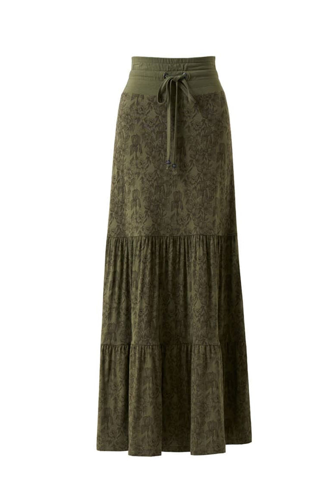 An olive green tiered maxi skirt with a subtle damask pattern, featuring a matching drawstring waistband, shown against a plain white background.