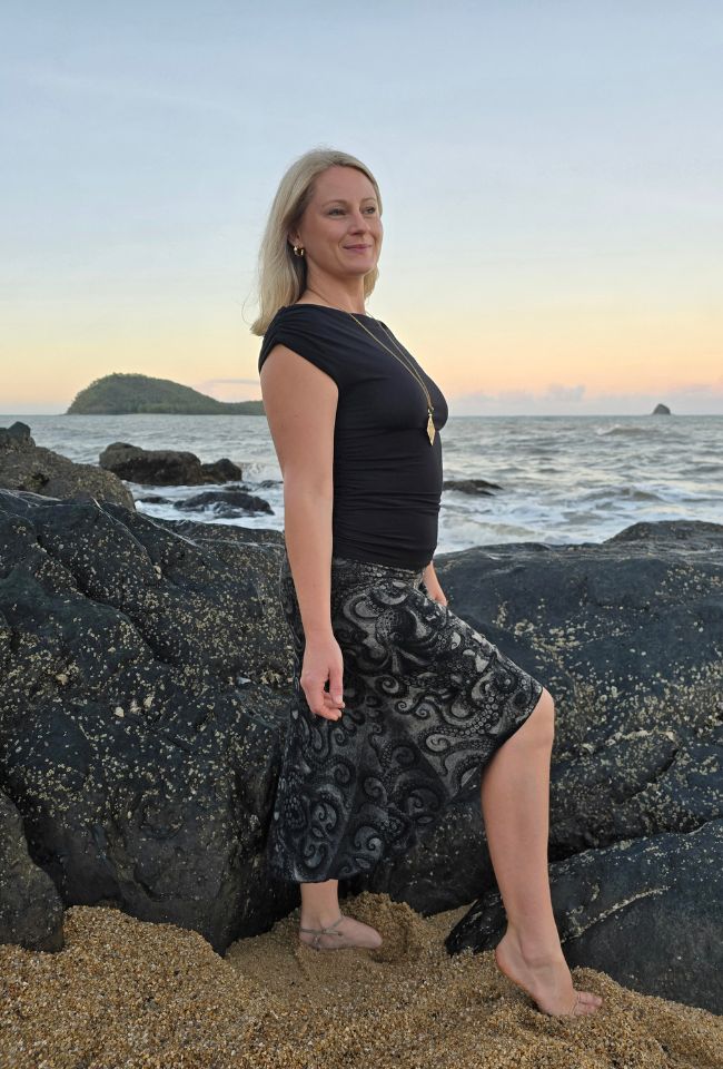 Octopus Skirt in black and grey with an all-over octopus print and stretch rayon fabric.