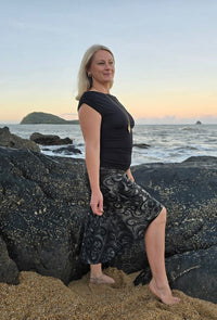 Octopus Skirt in black and grey with an all-over octopus print and stretch rayon fabric.