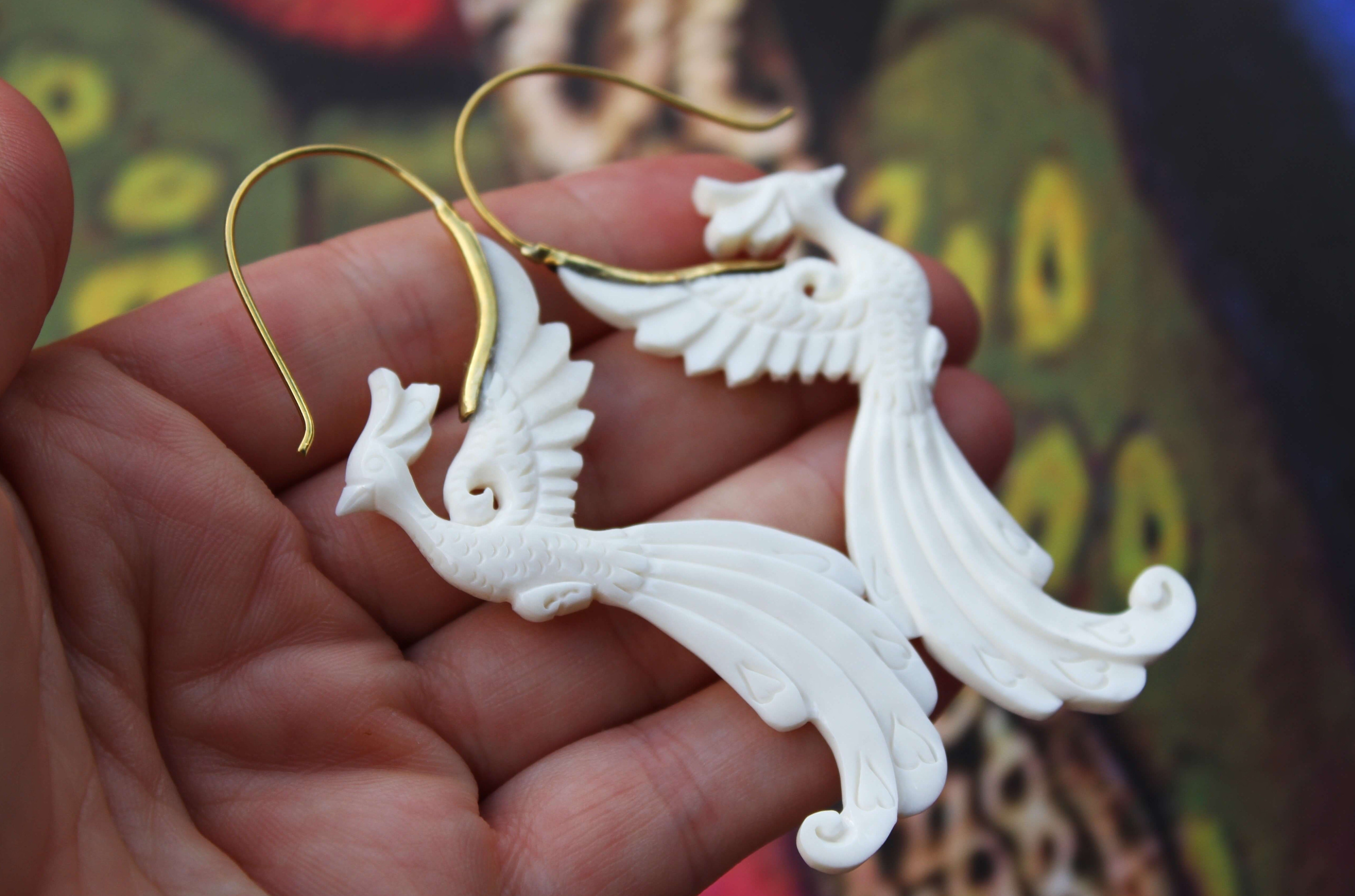 peacock bone carved earrings with brass findings 