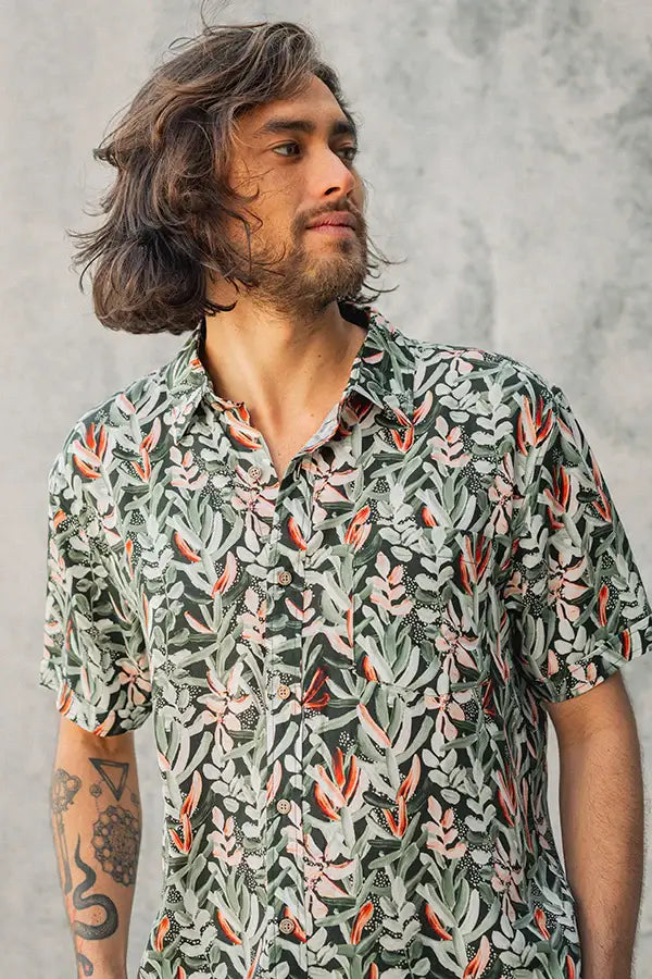 100% tencel shirt with protea botanical print mens shirt