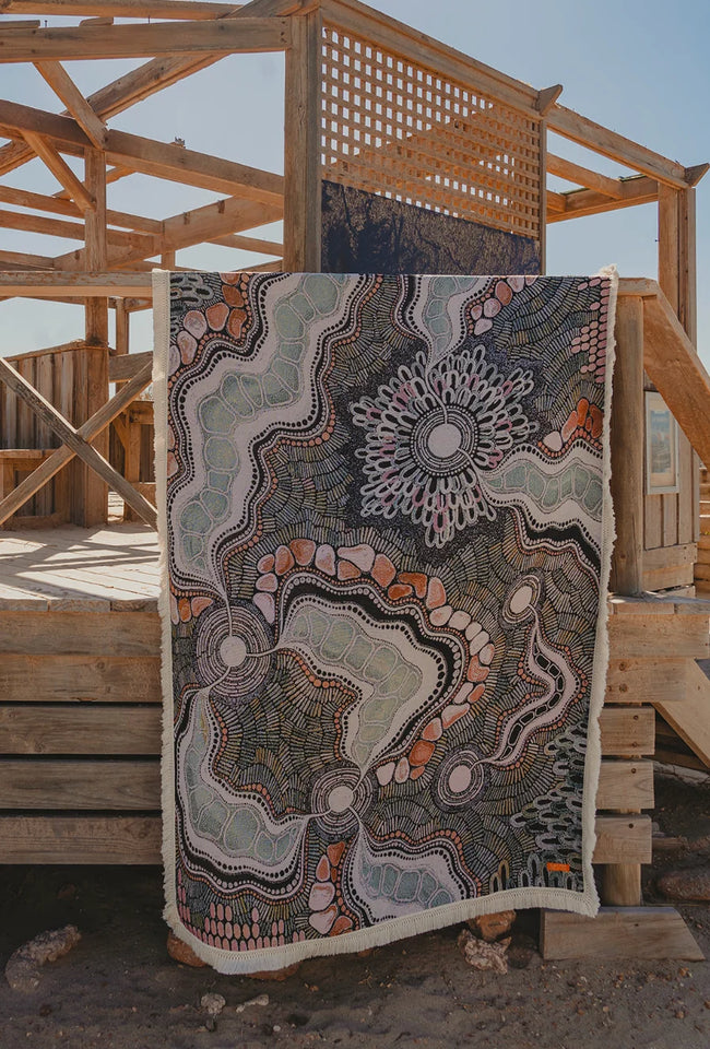Place of Peace Art Throw Rug by Holly McLennan-Brown featuring intricate Indigenous artwork in charcoal, sage and rust tones