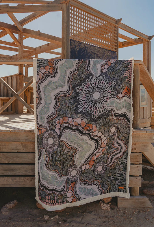 Place of Peace Art Throw Rug by Holly McLennan-Brown featuring intricate Indigenous artwork in charcoal, sage and rust tones