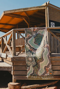 Place of Peace Turkish Style Towel by Holly McLennan-Brown featuring Indigenous artwork in sage green, rust and charcoal