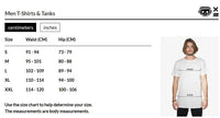 Size chart for men's t-shirts and tanks with a person wearing a white t-shirt.